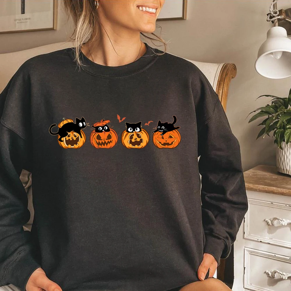 Black Cat and Pumpkin Graphic Sweathirts Cute Halloween Pumpkin Hoodie Not Too Spooky Halloween Cat Tee Unisex Long Sleeved Tops