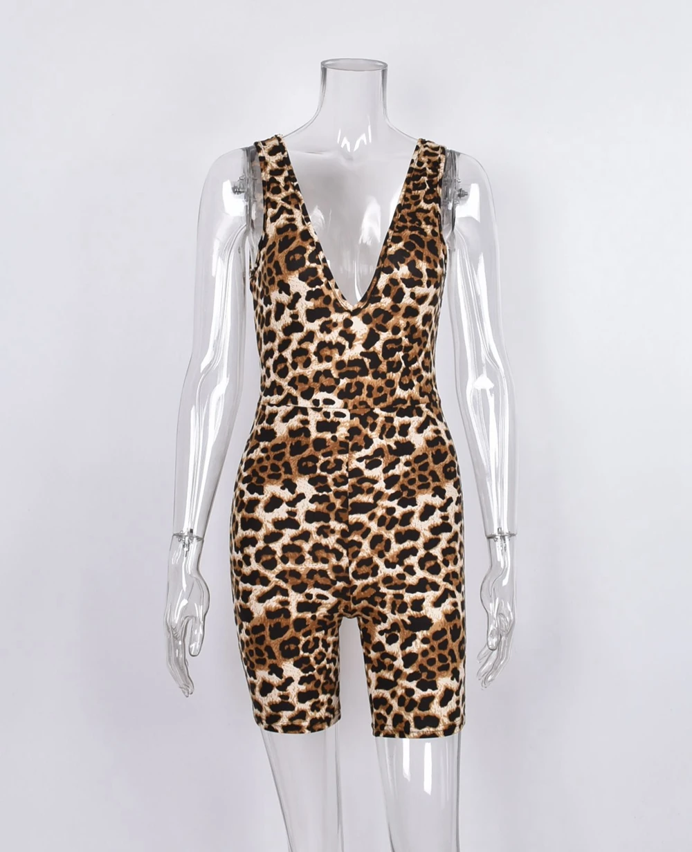 Bodysuit sem mangas leopardo gola V feminino, shorts apertados de uma peça, macacão sexy, roupas esportivas, colete de verão