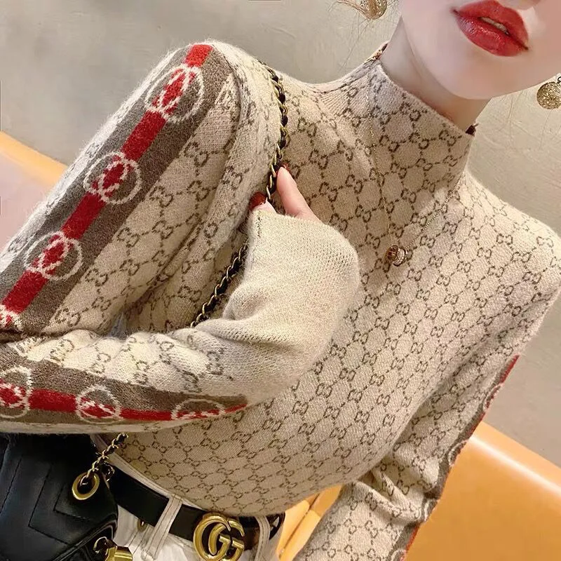 Outono inverno novo chique y2k blusas de malha roupas femininas carta jacquard meia gola alta pullovers elástico fino lã malhas