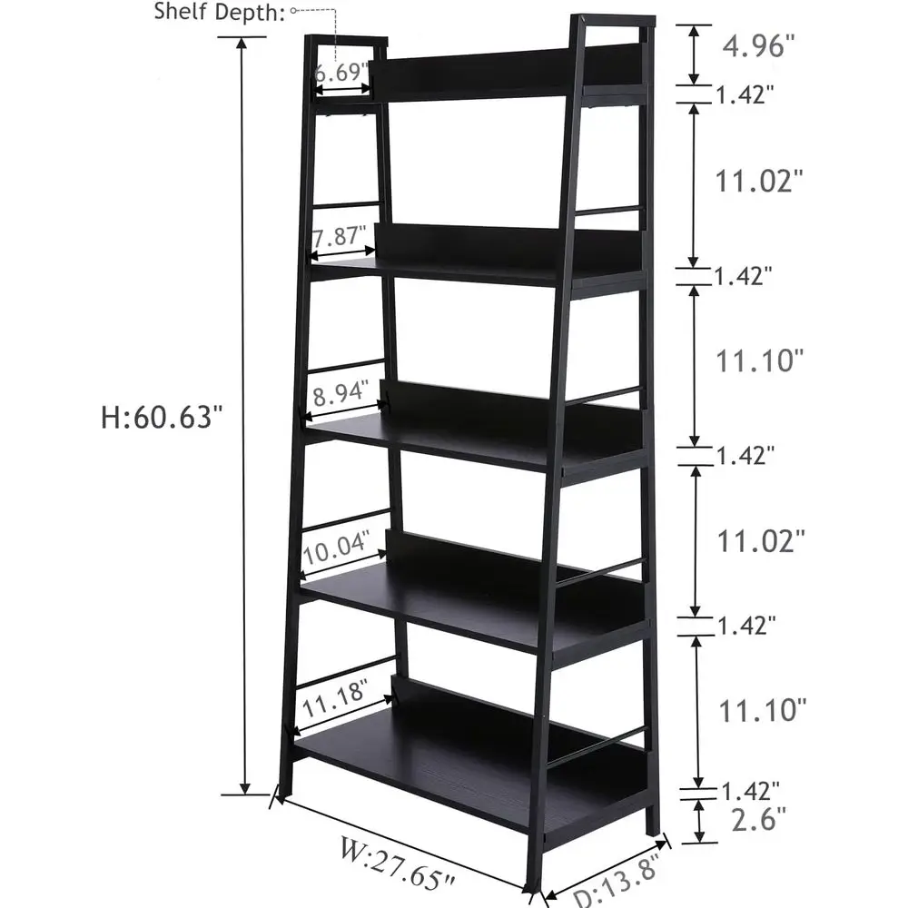 Himimi 5 Shel Ladder Bookcase,Black Bookshel Industrial Standing Shel or Bathroom,Bedroom, Living Room