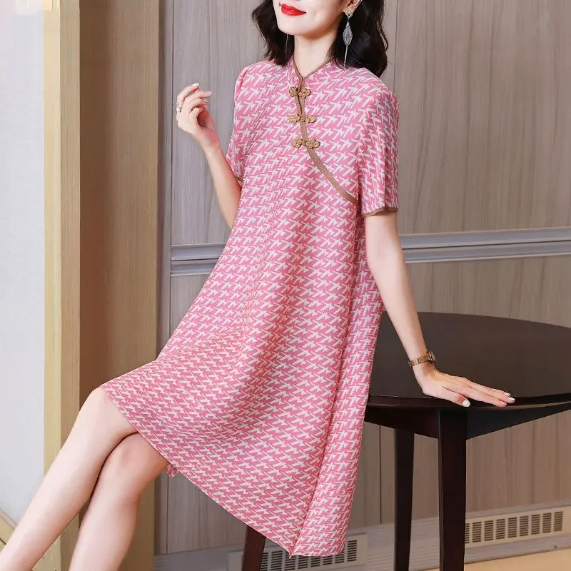 

Loose and thin short-sleeved stand-up collar 2025 summer new pleated printing simple medium and long dress women's clothing