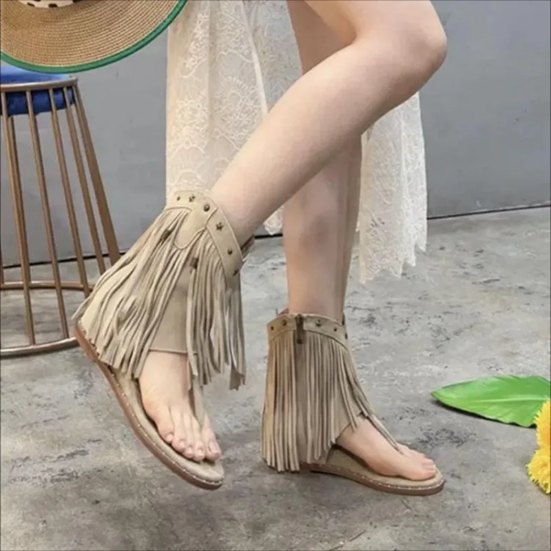 

Roman Tassel Sandals Women Shoes Summer New Open-toe Women's Wedge-heeled Flip-flops Side Zipper Inner Heightening Sandals Boots