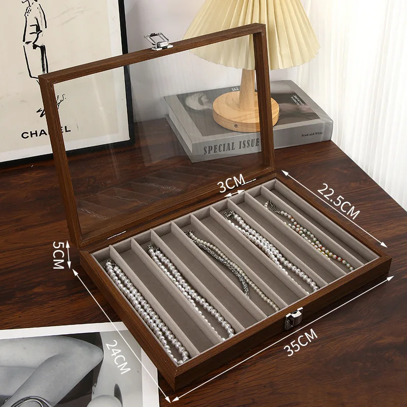 Walnut Wooden Jewelry Storage Box with Lid Dustproof Necklace hick Neck Chain Display Case Transparent Jewelry Organizer