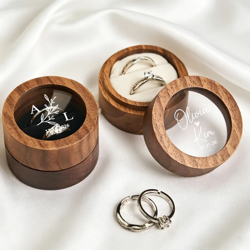 

Personalized Wedding Ring Box Round Wooden Double Ring Box Glass Window Engagement Proposal Ring Box Wedding Anniversary Gift