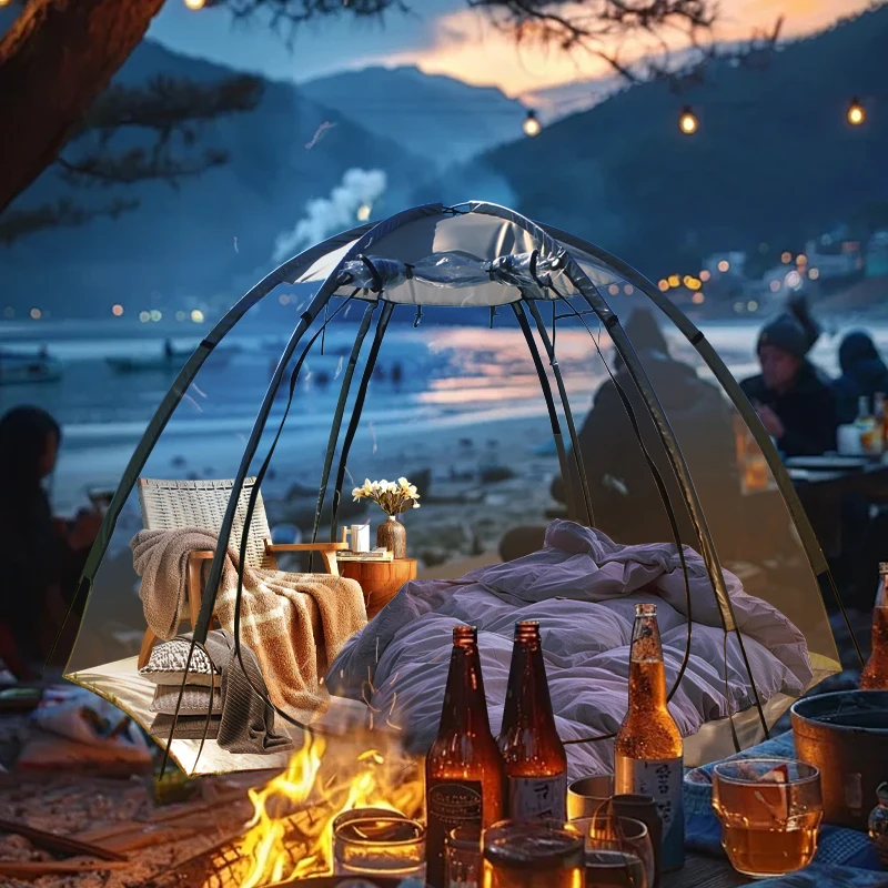 

Sleeping Comfortably in Clear Tent With Laying Out Plush Carpets & Soft Mattresses,Create Cozy &Comfortable Indoor Environment