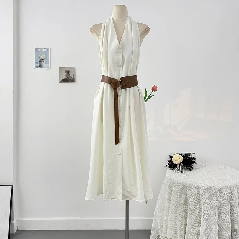 Elegant V-Neck Halter Dresses Women's Fashion Temperament Single Breasted Sleeveless Dress with Belt New Summer Retro Long Dress