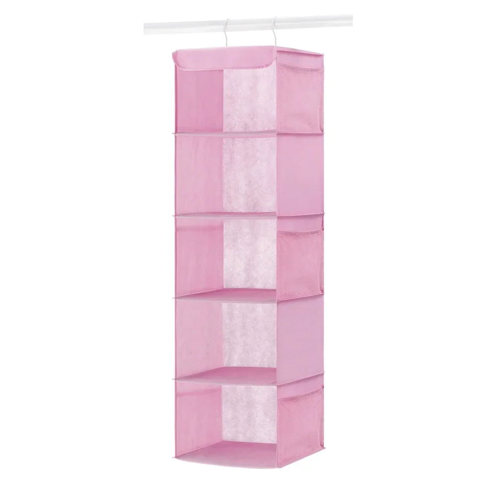 5 أرفف معلقة لتخزين الخزانة مع جيوب شبكية جانبية وسترات وإكسسوارات وألعاب الأحذية