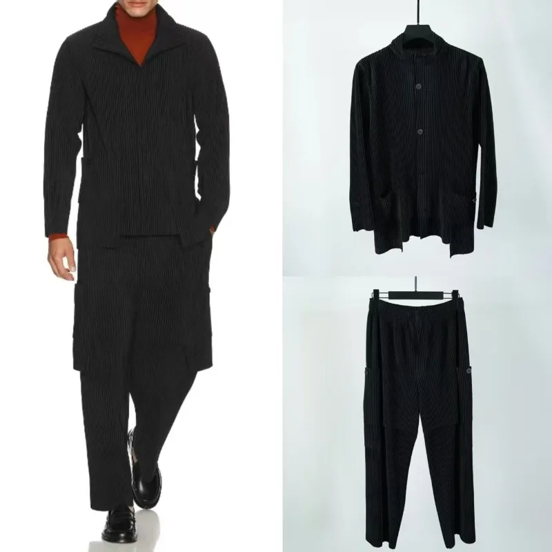 Miyake Pleated Men's Suit Casual 2025 Spring and Fall New Collar Irregular Jacket Straight Pants Two-piece Slim Men Clothing