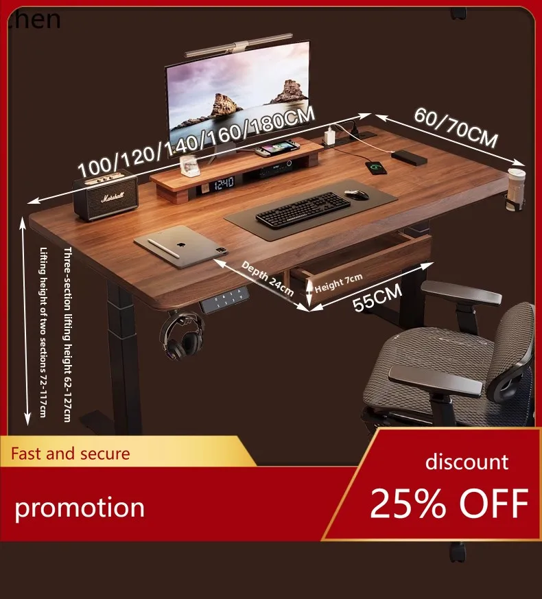

HT Solid Wood Electric Height Adjustable Desk with Drawers for Home Use, Study, Gaming, and Work Desk