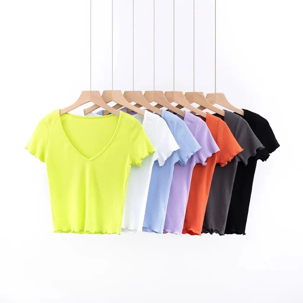

Women's Slim-fit Solid Color V-neck Short T-shirt Street Style Basic Navel-exposed European And American Fashion