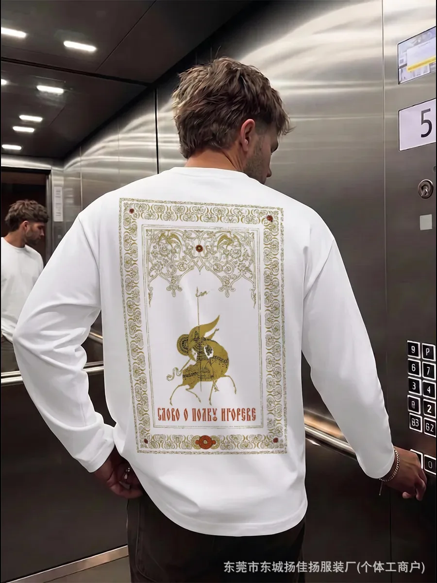 Y2K Retro Medieval Knight Horse Tarot Art Print Oversized Cotton Long Sleeve Tee Vintage Graphic Gothic Street Aesthetic T‑Shirt