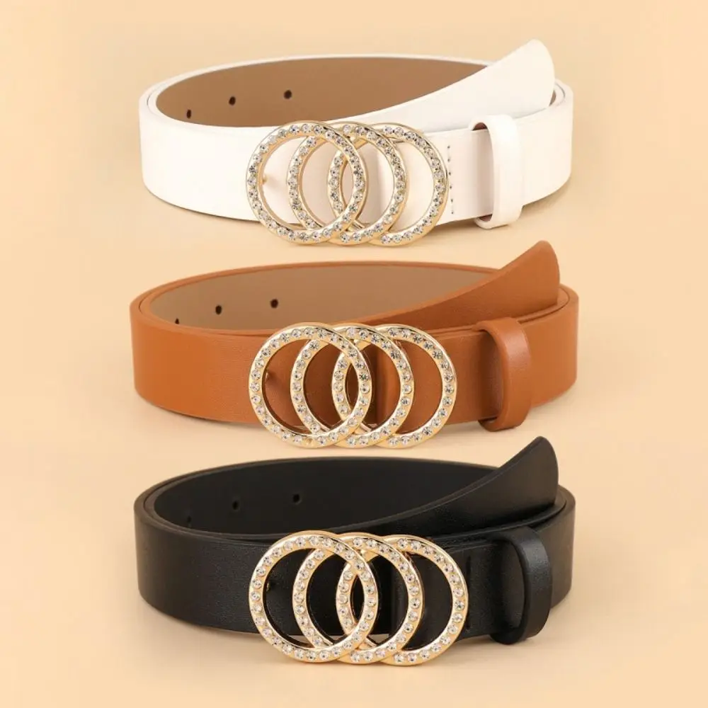 with Three Ring Leather Belt Versatile Luxury Design Rhinestone Slide Buckle Belt Trendy Simple Thin Waist Strap For Women