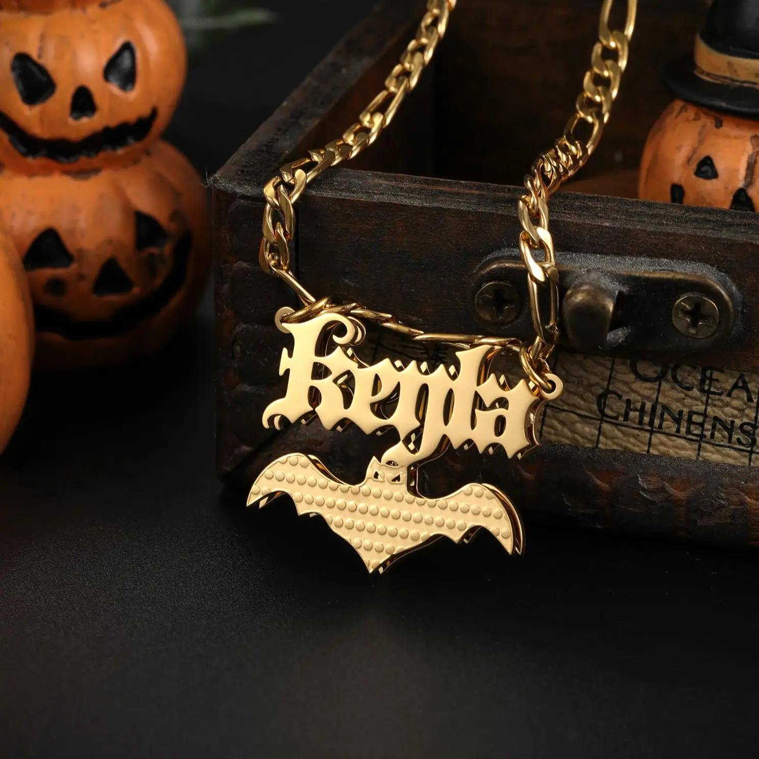 

Custom Bat Name Necklace Personalized Halloween Double Layer Nameplate Necklace with Engraved Bat Charm Gift for Men & Women