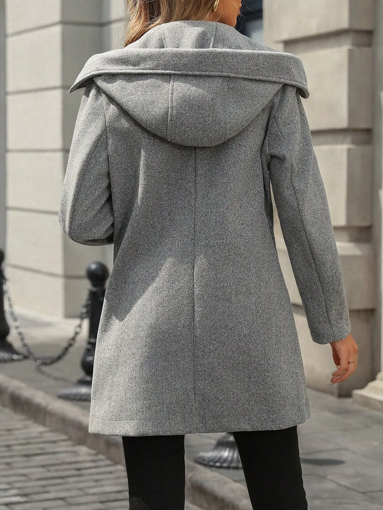 Casaco de Lã Feminino com Capuz e Dupla Frente para Outono Inverno, Sobretudo Longo Cinza com Bolsos