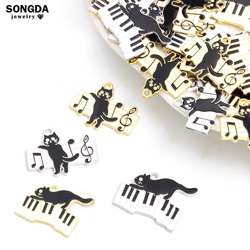 10pcs Cute Cat Music Enamel Charms Cartoon Piano Kitten Animal Musician Metal Pendant DIY Keyring Necklace Jewelry Handmade Gift