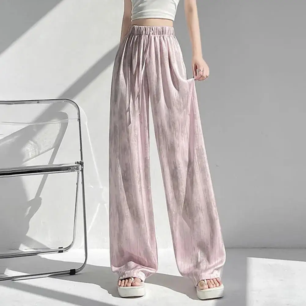 

Commuting Pants,Elastic High Waist,Ice Silk Drawstring Wide Leg Trousers Tie,Dye Print Summer Long Pants Daily Wear