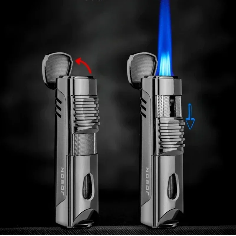 Creative High end Portable Metal Three Torch Jet Windproof Lighter with Perspective Gas Window Small Tool for Men's Gift