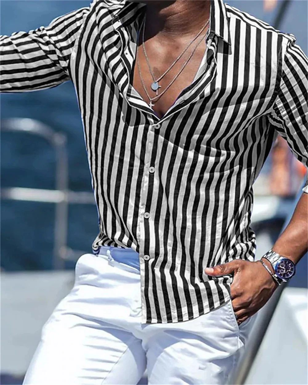 

New Spring/Summer Men's Long Sleeve Shirts Stripe Printed Polo Social Luxury Men's Hawaiian Elegant Classic Fashion Mens Shirt