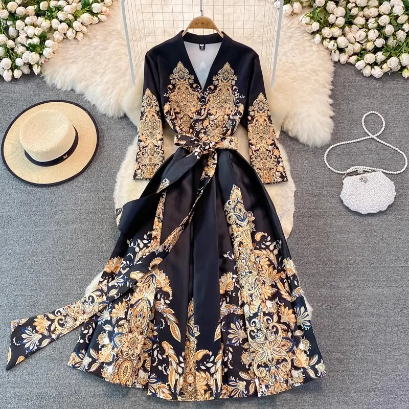 JAMERARY Elegant Luxury Flower Print Paisley Midi Autumn Dress Women's V Neck Laces Up Belt Midi Robe Party Vestidos