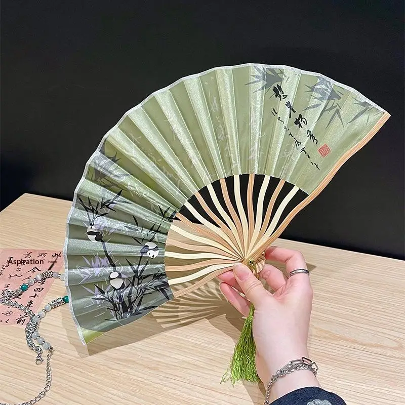 1Pcs Silk Chinese Japanese Folding Fan Bamboo Colorful Shank Classical Dance Fan Tassel Elegent Female Fan Home Decoration