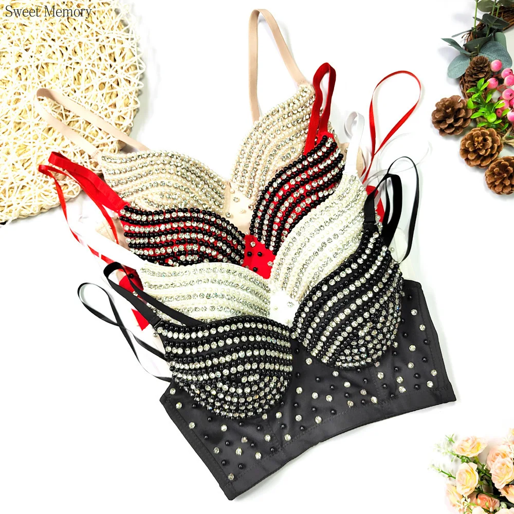 Biustonosz A862 z diamentami, zdobiony koralikami, do chińskiego tańca ludowego, damska odzież, słodki, krótki biustonosz bez ramiączek z ozdobami z koralików, idealny do klubu nocnego.