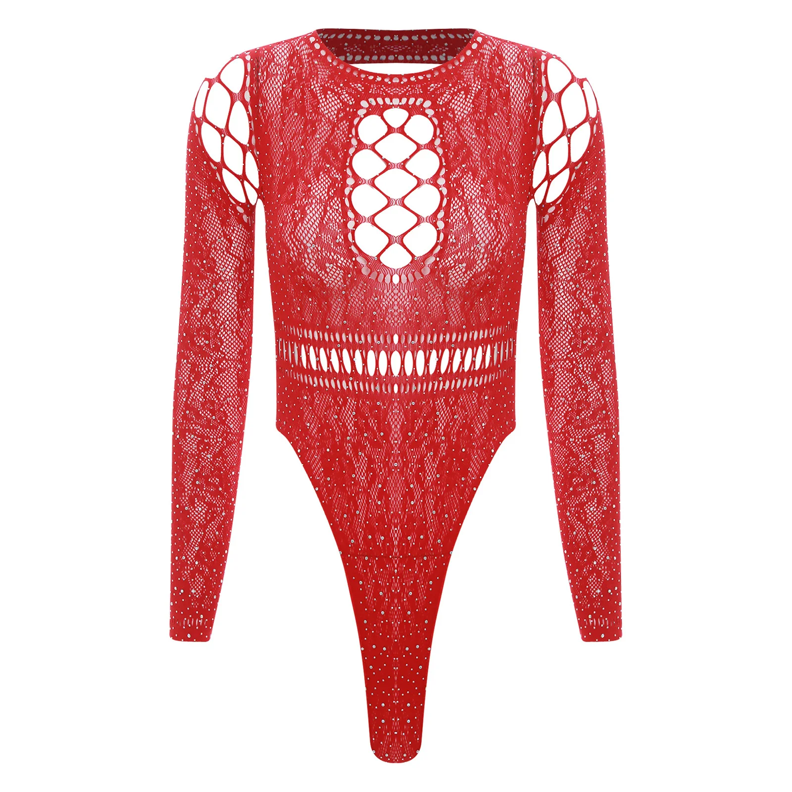 

Womens Sparkling Rhinestones Bodysuit Crew Neck Long Sleeve Leotard Back Hollow Out Swimsuit Stretchy Jumpsuit Swimwear Cover Up