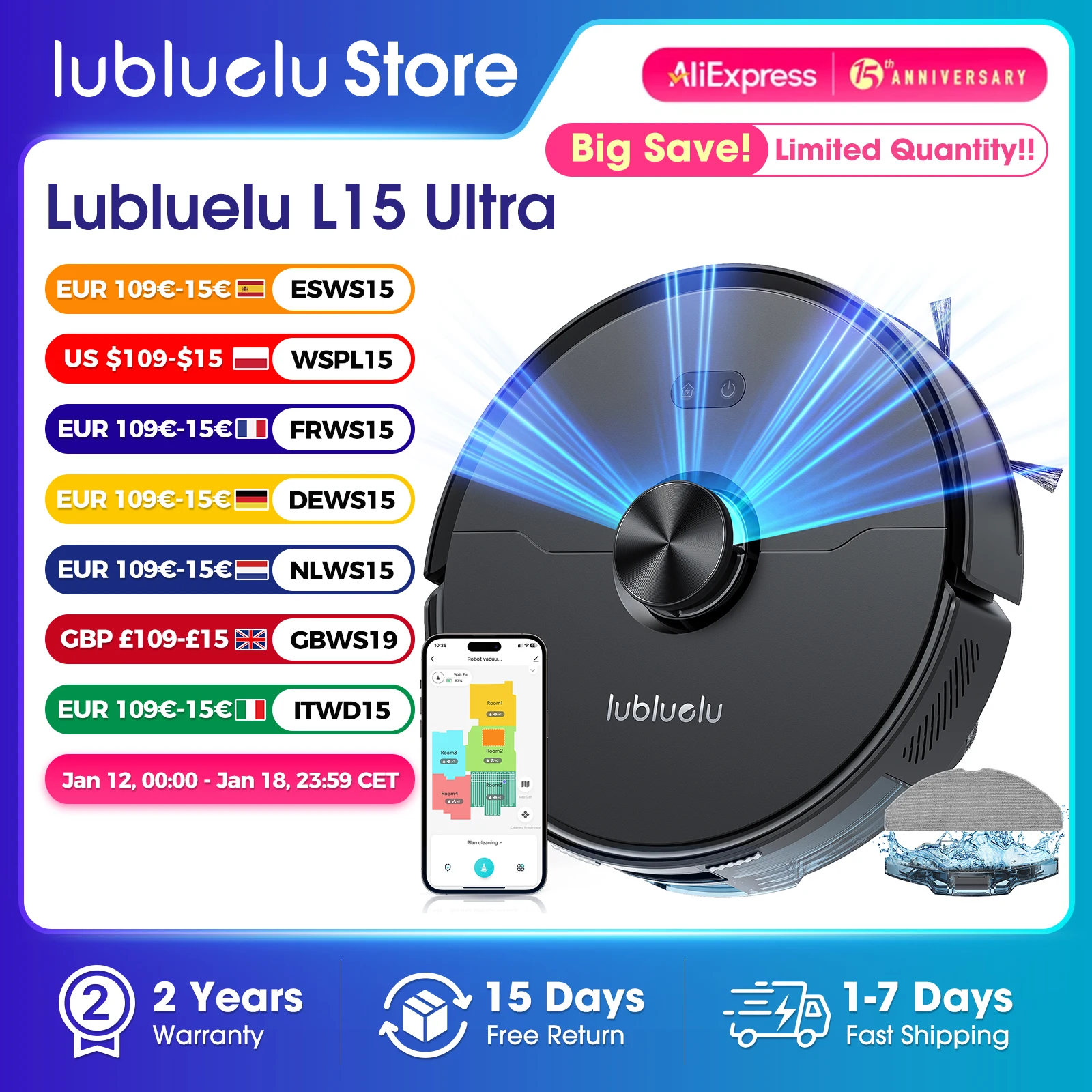 Lubluelu L15 Ultra 3-in-1 Robot Aspirapolvere Combo con Navigazione LiDAR Aspirazione 5500Pa Ricarica Automatica Smart APP 24 Zone No-go