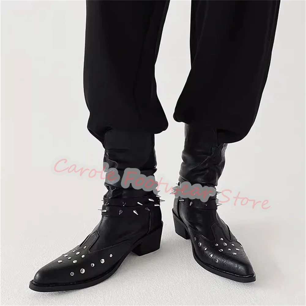 Punk rebite cinto fivela preto botas plissadas para homens dedo do pé apontado salto grosso ocidental cowboys botas masculino vestido de festa botas de cavaleiro