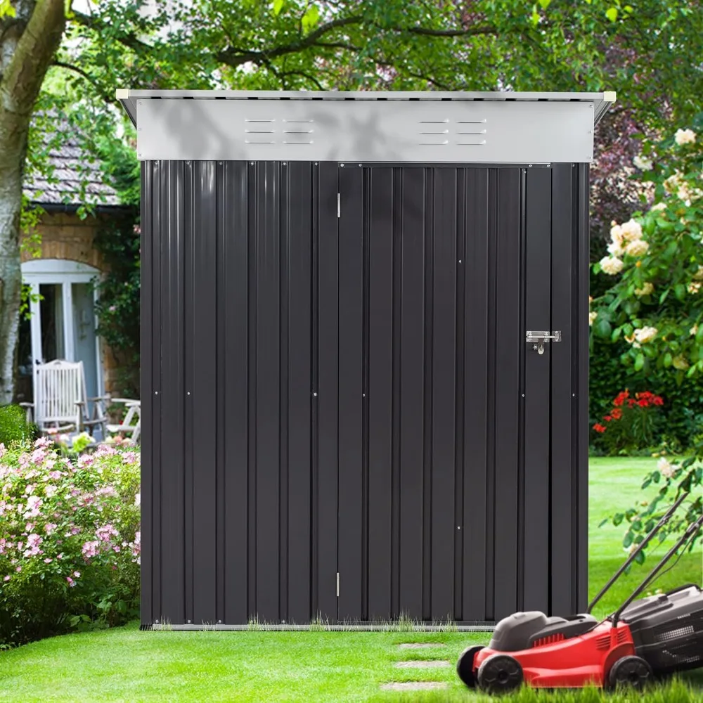 Outdoor Storage Shed Dark Grey Tools Waterproof Metal Garden Sheds With Lockable Single Door Lawn Patio Booth Buildings Supplies