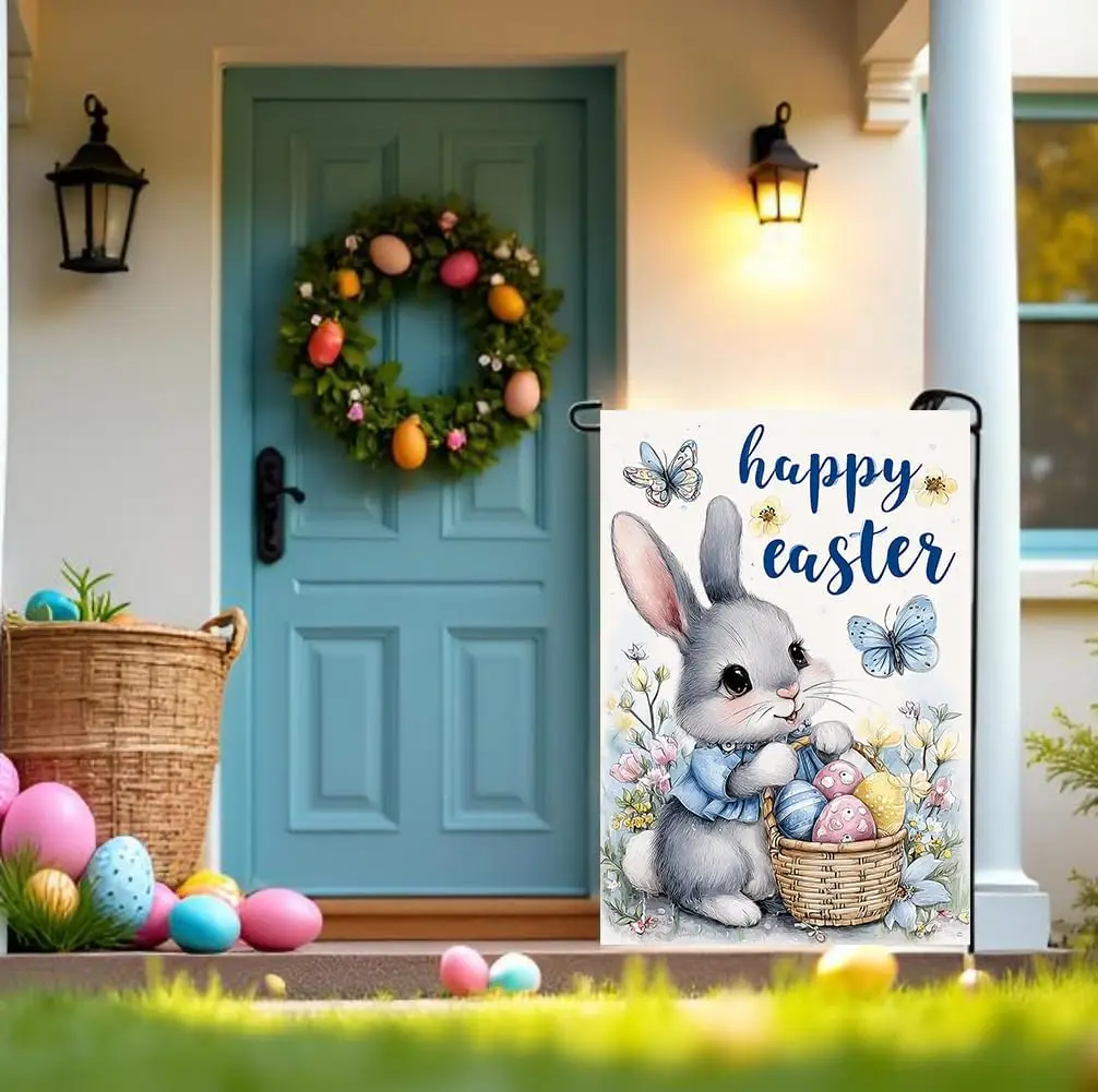 Happy Easter Garden Flags 12x18 Double Sided, Small Burlap Floral Butterfly Eggs Bunny Garden Flag Easter Holiday Outdoor Ya IIC