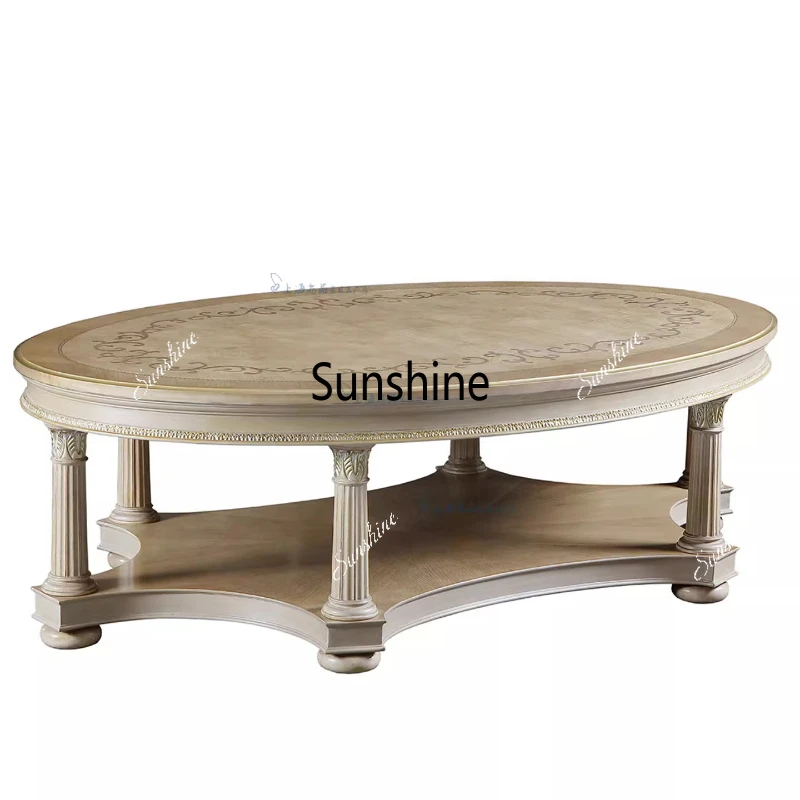 

European solid wood coffee table, furniture oval coffee table, villa solid wood antique, living room