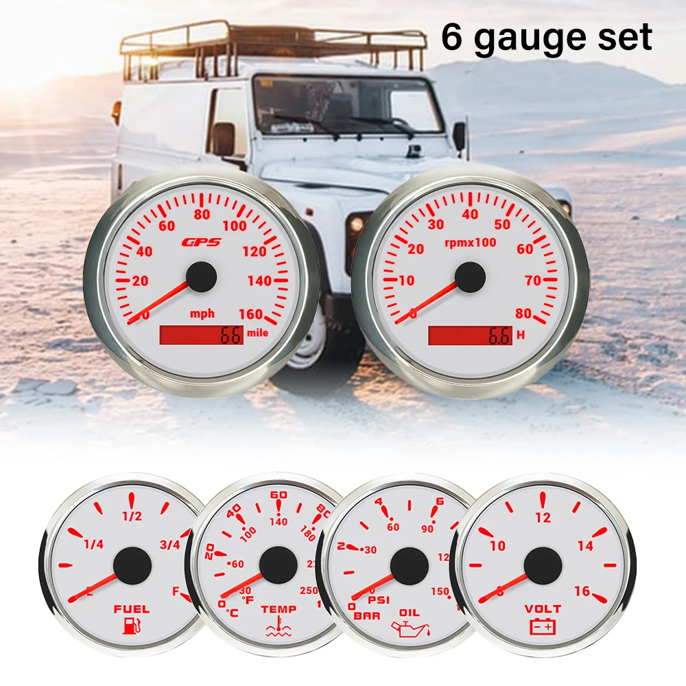 ELING 6 Gauge Set 85mm 0-160MPH GPS Speedometer 0-8000RPM Tachometer + 52mm 0-120℃ Water Temp Oil Pressure Fuel Level Voltmeter