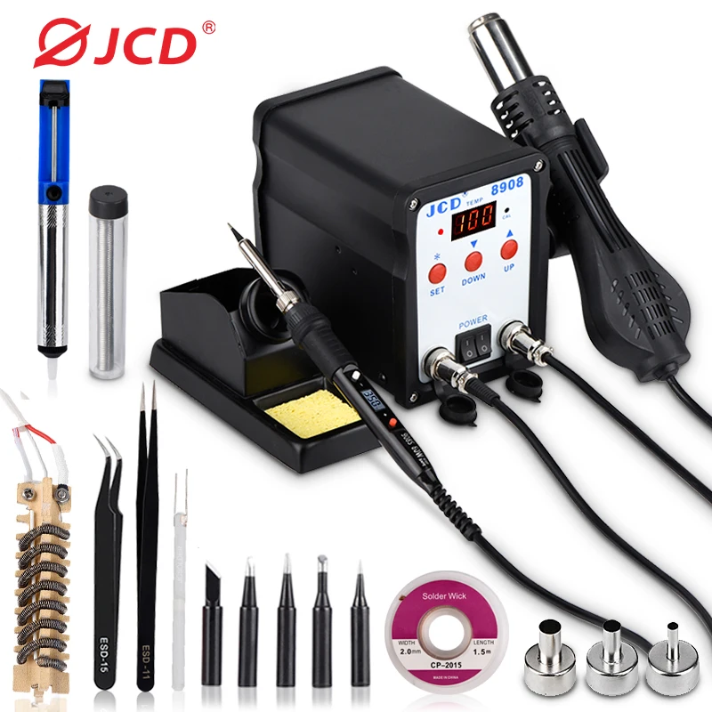 JCD Soldering Station 2 IN 1 Welding Repair Machine 750W Soldering Iron With Hot Air Gun SMD BGA Rework LCD Digital Station 8908