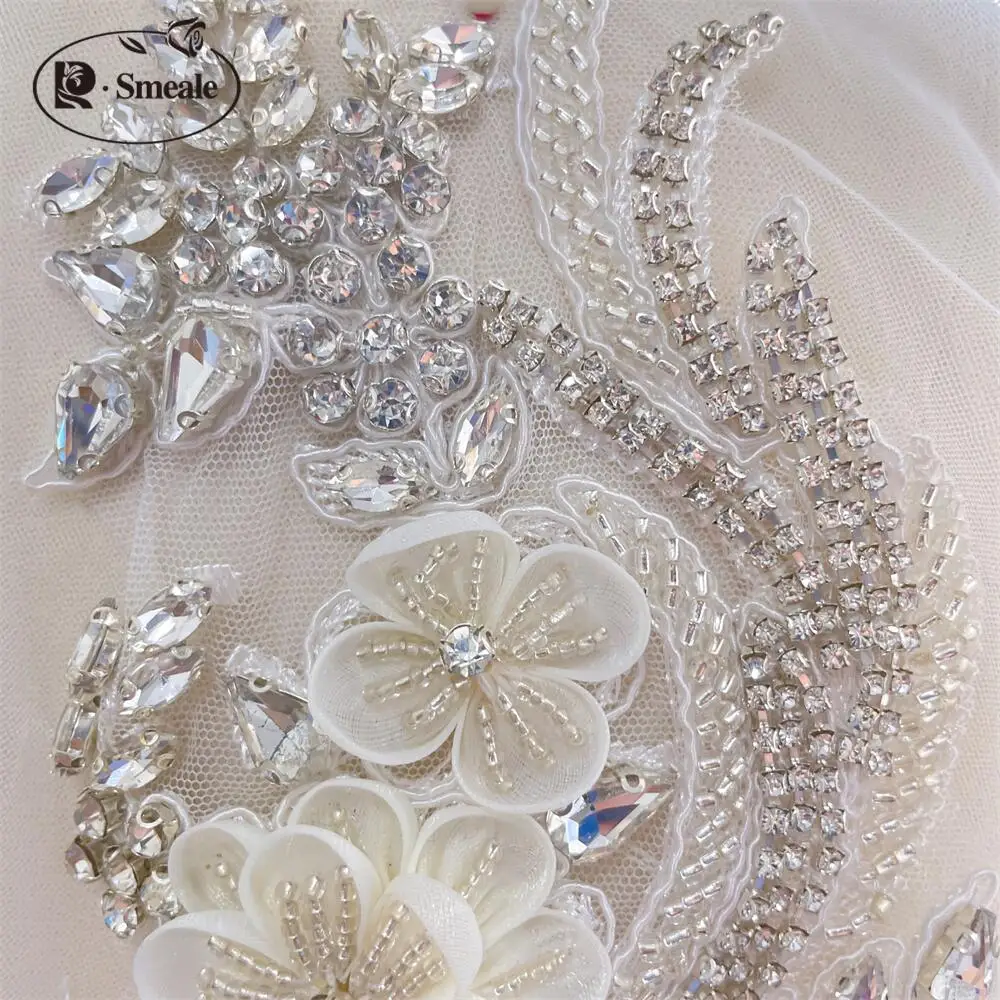 Strassapplikationen für Hochzeitskleid, Schultern, weiß, handgenäht, Glasbohrer, Spiegelblumen, funkelnd, DIY-Patch, 1Pai – Detail 6