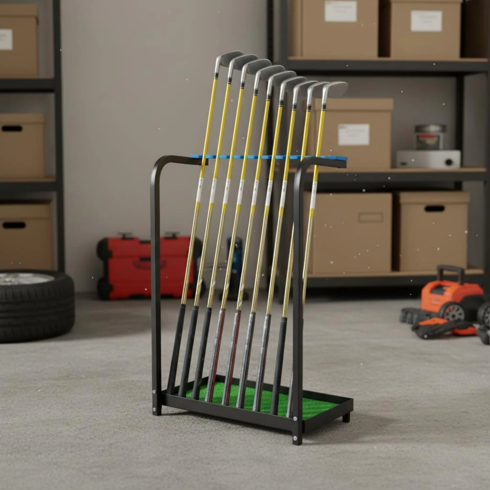 

Golf Rack Metal Organizer Display Stand Upright Nine Position Holder Sports Storage for Clutter Free Setup