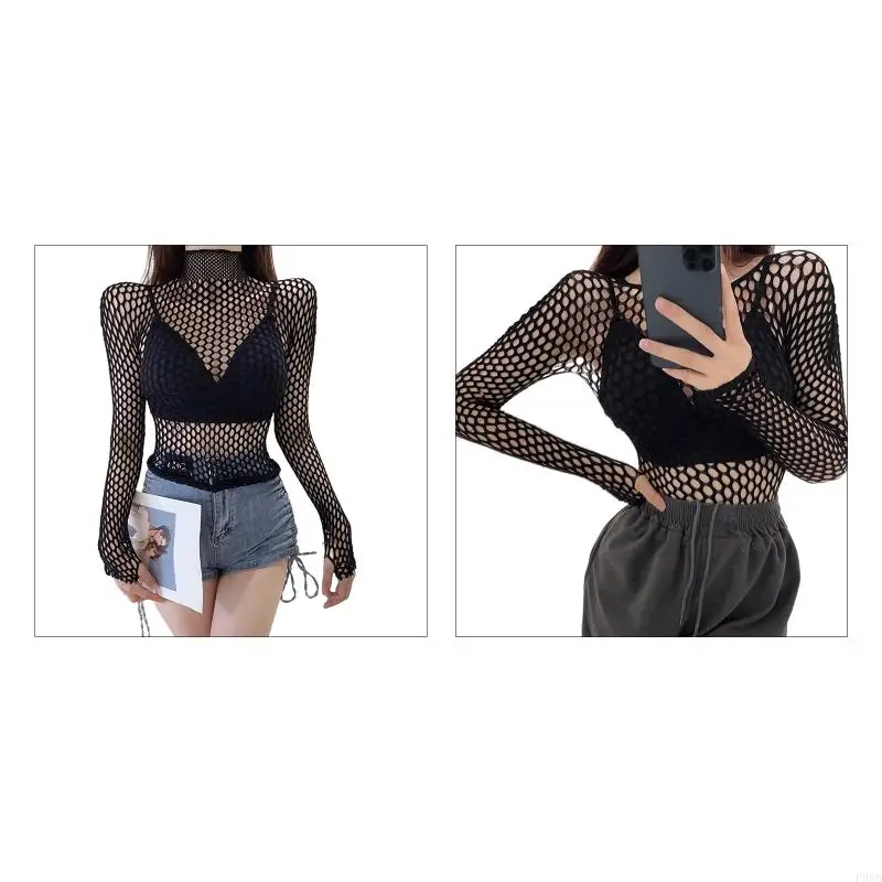 

P88B Long Sleeve Perspective Fishnet Top Women Crewneck See Through Cover Up Blouse