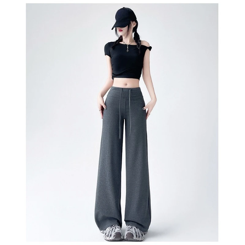 New Spring Autumn women air cotton casual pants drawstring style slimming high-waisted sporty straight leg drape wide-leg pants