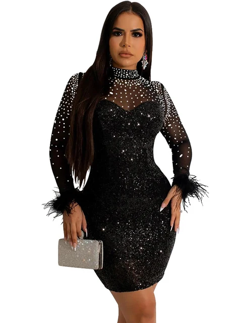 Seksowna siateczka Rhinestone cekiny pióro balowe Mini sukienki przepuszczalne stroje do klubu nocnego Party seksowna odzież klubowa diamentowa krótka sukienka