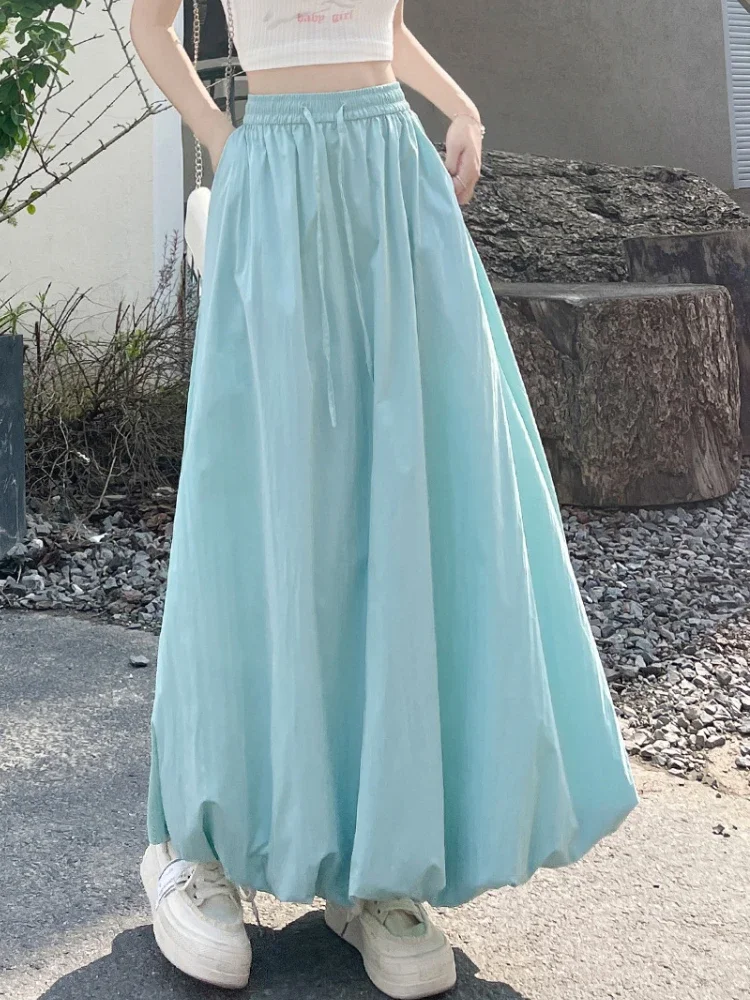 กระโปรงทรงเอไลน์ลายดอกไม้หวานๆ เอวยางยืดสูง รุ่นใหม่สำหรับฤดูร้อน กระโปรงยาวเรียบง่าย สไตล์อเนกประสงค์ ทรงกระโปรงทรงโคมไฟ