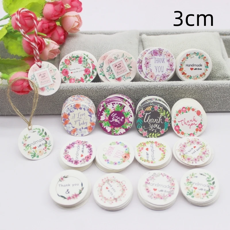 

100 cards, 100 ropes, 3cm circular with love flower style label, white/brown wedding candy gift label