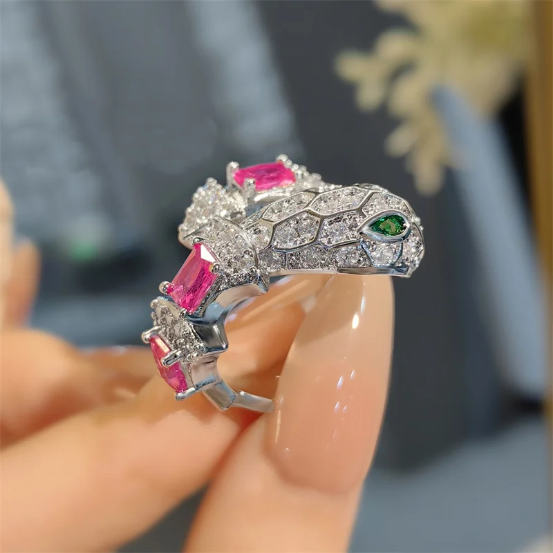 Luxury Crystal Snake Ring For Women Jewelry Set High-end Bright Colorful Stone Eye Snake Ring For Lady Hand Accessories