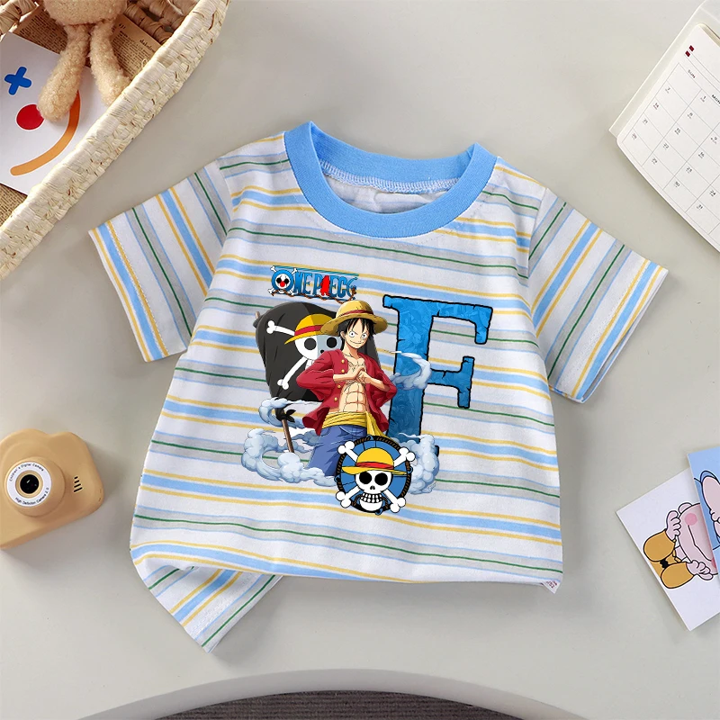 Uma peça listrado camiseta roupas infantis luffy dos desenhos animados anime A-Z carta padrão de manga curta menino verão topo criança moda t