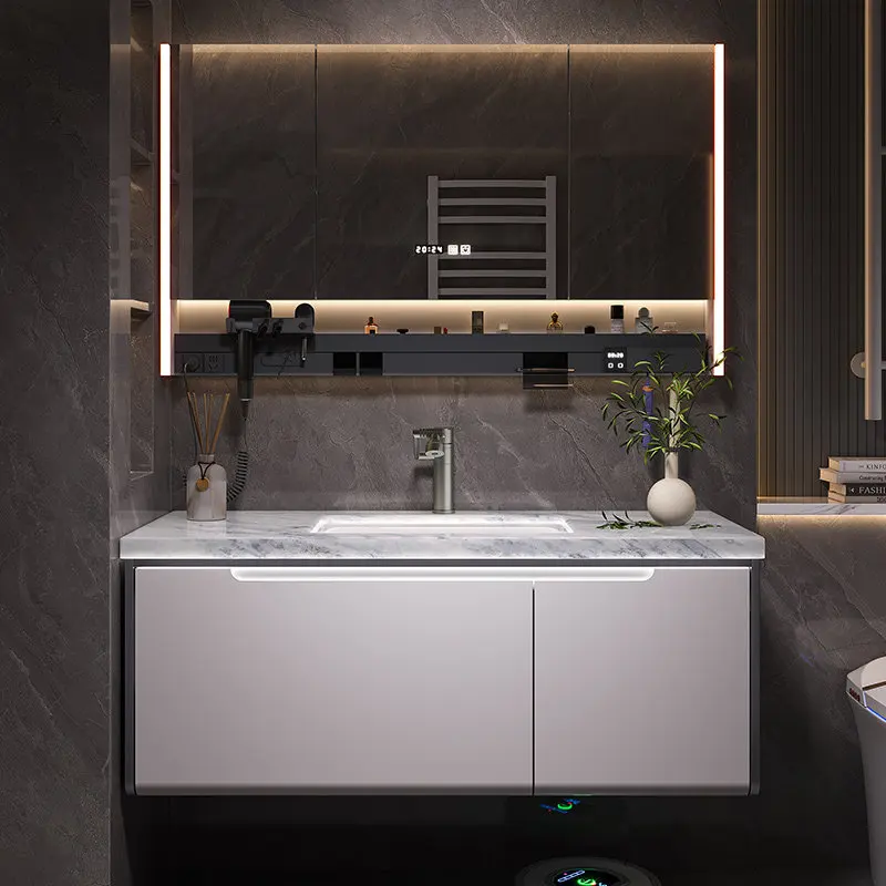 

Роскошная керамическая раковина из камня с закругленными углами, высококачественный комплект для ванной комнаты с тумбой.