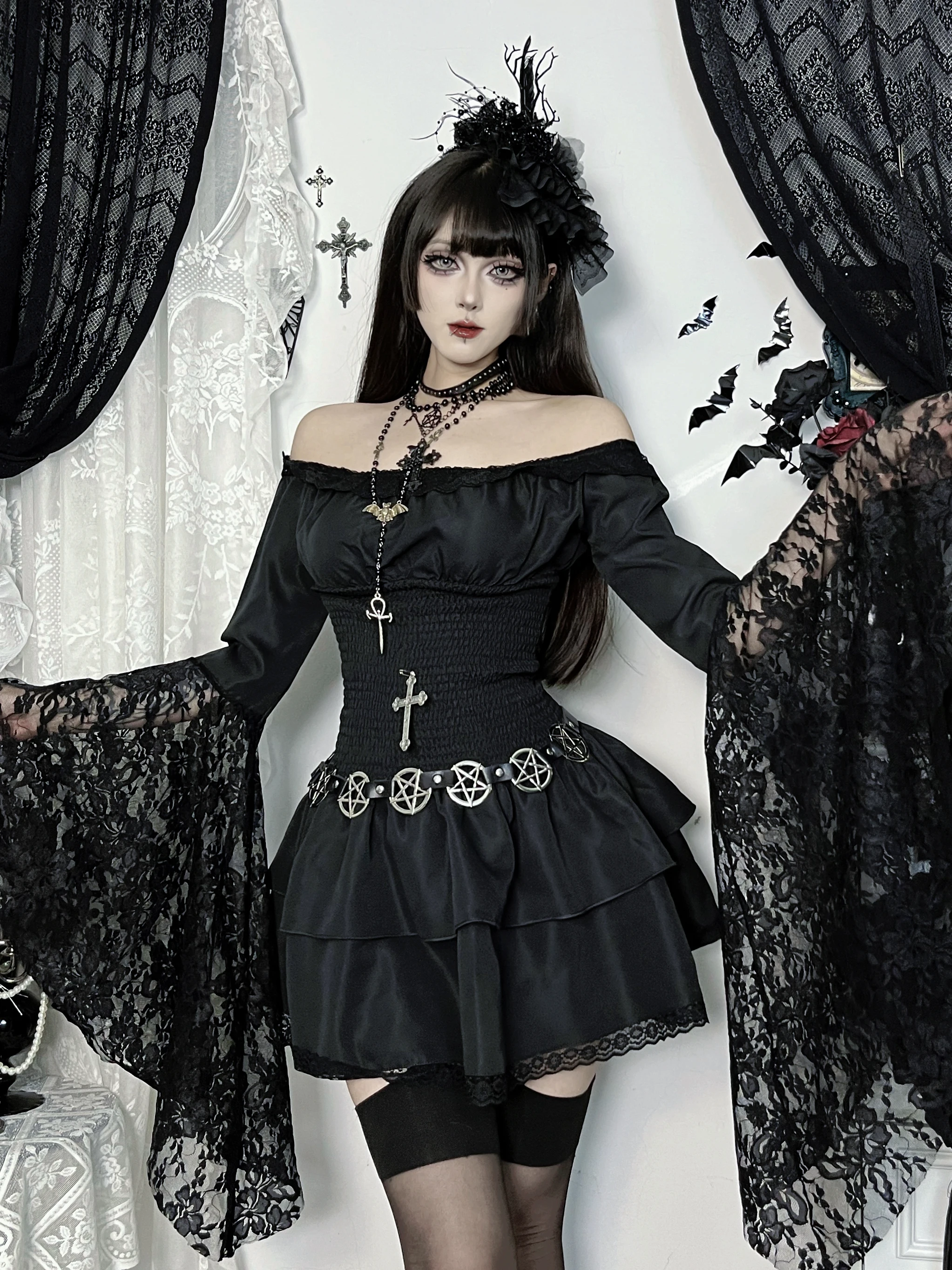 

Длинное платье в готическом стиле Wannathis с кружевом, женский костюм ведьмы для косплея, полиэстер, юбка-рыбий хвост, платье с длинными рукавами