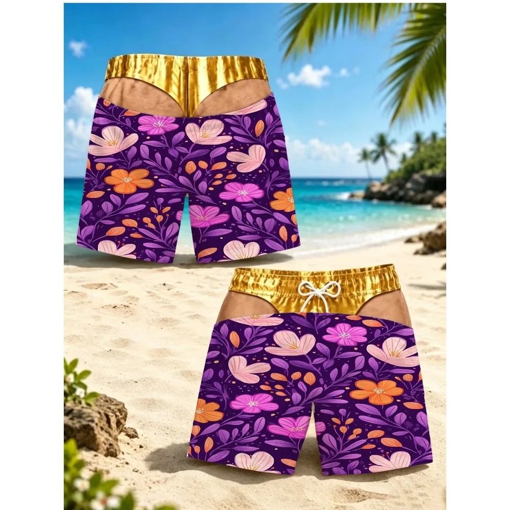Men Summer Beach Shorts Optical Illusion Fake Briefs Tropical Flower Boardshorts for Pool Party