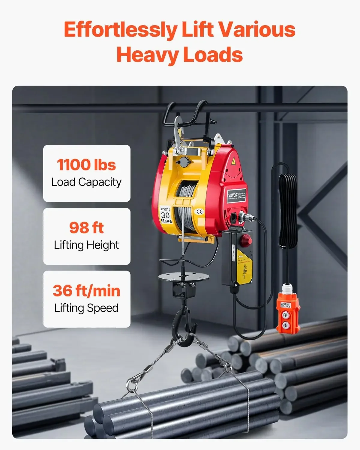 VEVOR 2-in-1 Electric Hoist Winch, 1100 lbs Capacity, 1800W Portable Power Winch, 98 ft Lifting Height, 36 ft/min with Wire and