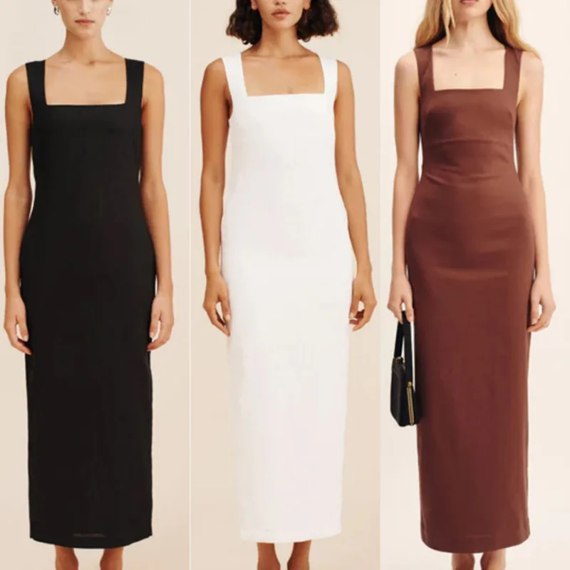 

Breathable Linen Square Neck Tank Dress Summer Casual Plain Color Wide Strap Gown Trendy Women's Seamless Long Maxi Dress New