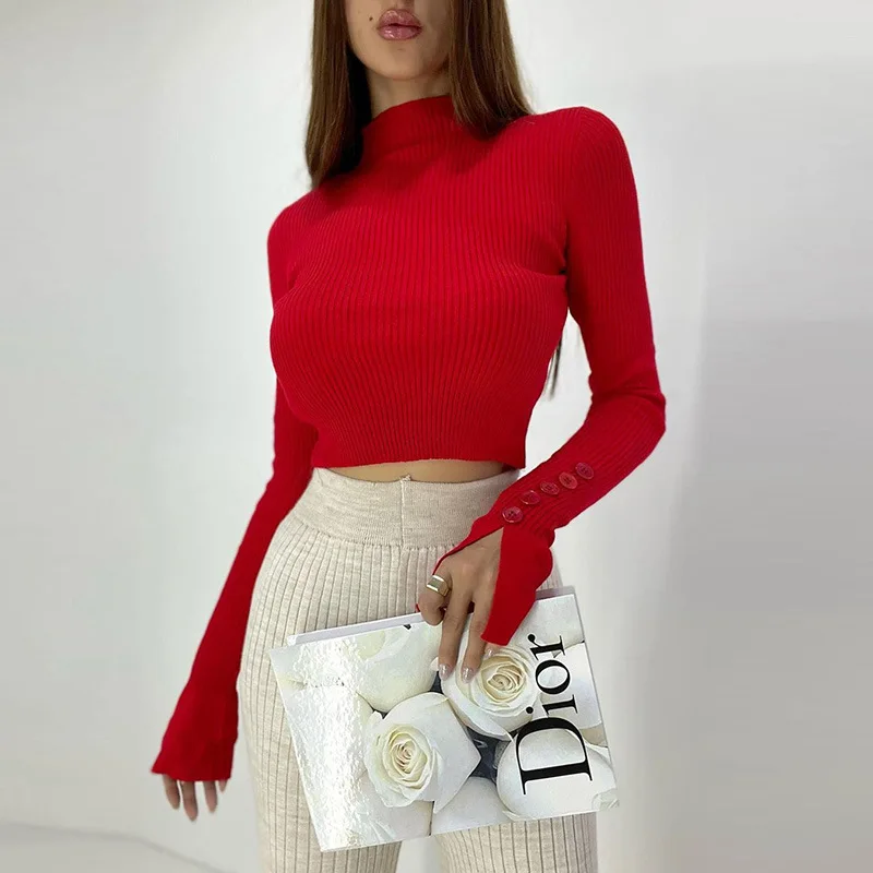 Novas Senhoras Mock Neck Sólidos Curto Camisola Mulheres Botão Fino Pulôver de Manga Comprida Moda Feminina Outono Inverno Jumper de Colheita Topo