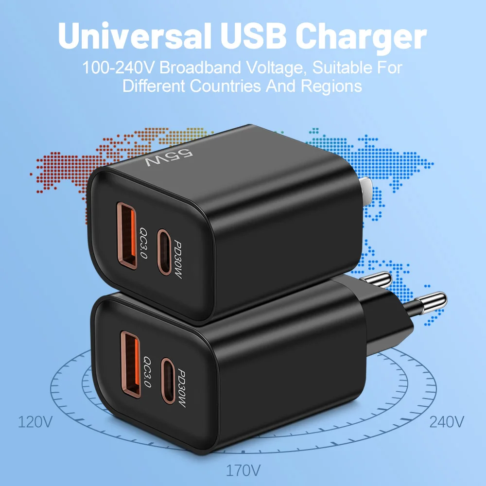 Cargador USB tipo C de 55W, adaptador de teléfono móvil portátil 3,0, PD, carga rápida para iPhone, Samsung, Xiaomi, Huawei, cargador de pared