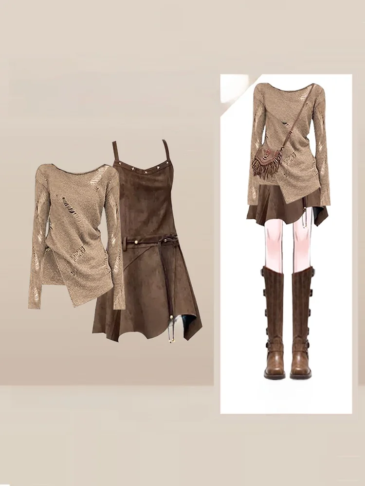 

Autumn New Vintage Spicy Girl Knitted Sweater Coffee Color Strap Dr Two-Piece Set Women's Faion Casual Outfit